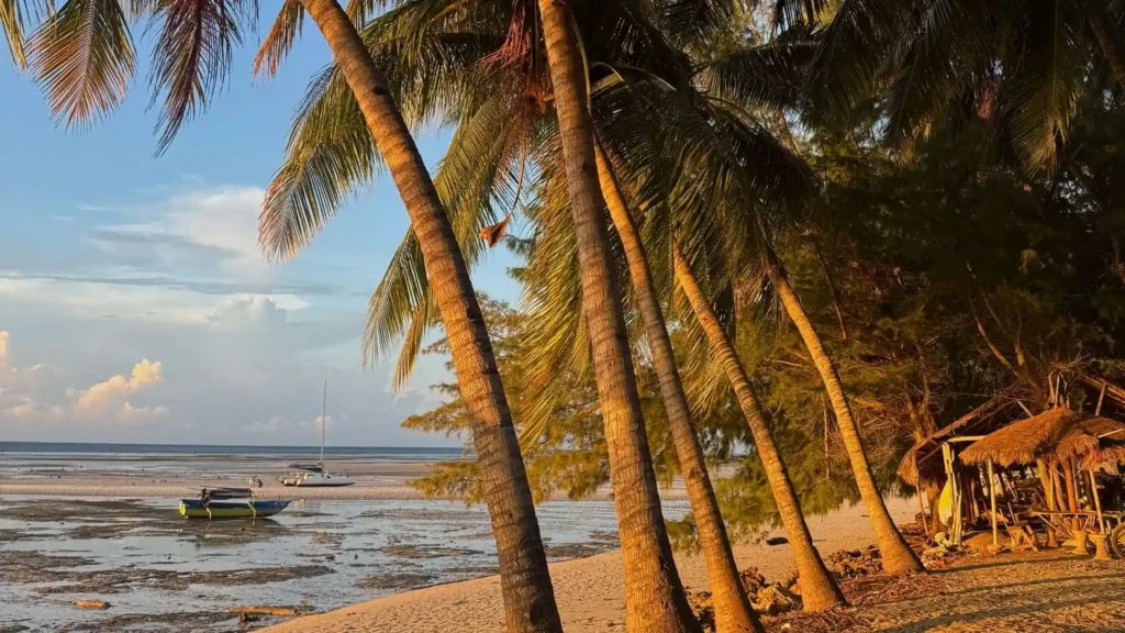 Palmen an einem ruhigen Strand in Bali mit Blick auf das Meer und einem traditionellen Strohdach-Unterstand im Hintergrund