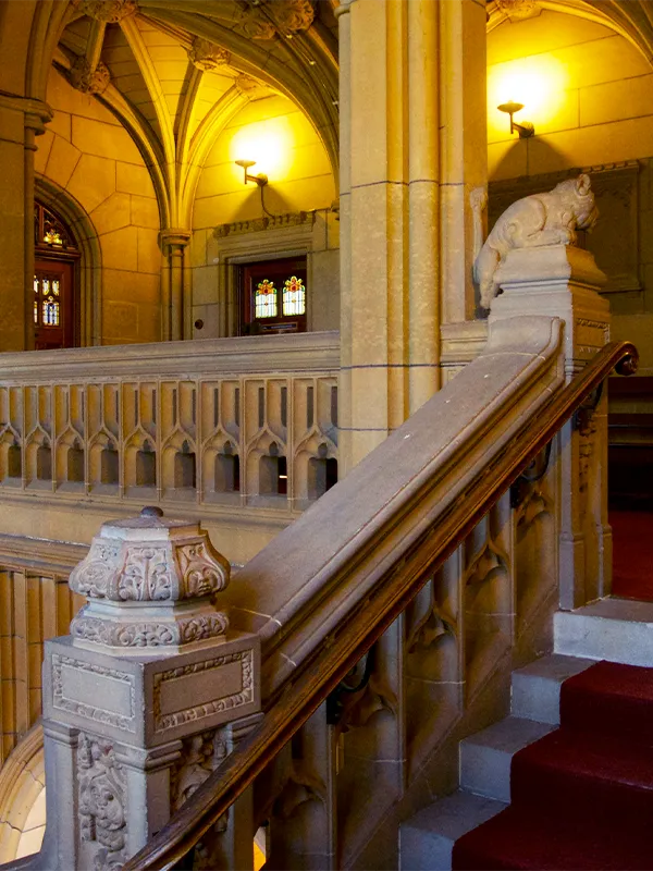 Prachtvolle gotische Innentreppe der University of Sydney mit geschnitzten Sandsteinbalustrades, einer Löwenskulptur am Pfosten, gewölbten Steindecken und Buntglasfenstern; ein beeindruckendes Campusumfeld für internationale Bewerber.